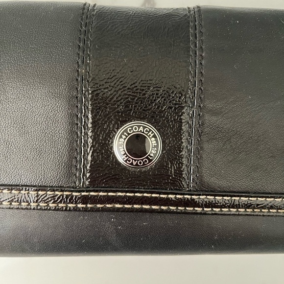 Coach Black Leather Patent Leather Stripe Wallet with Check Book Cover - Picture 2 of 11